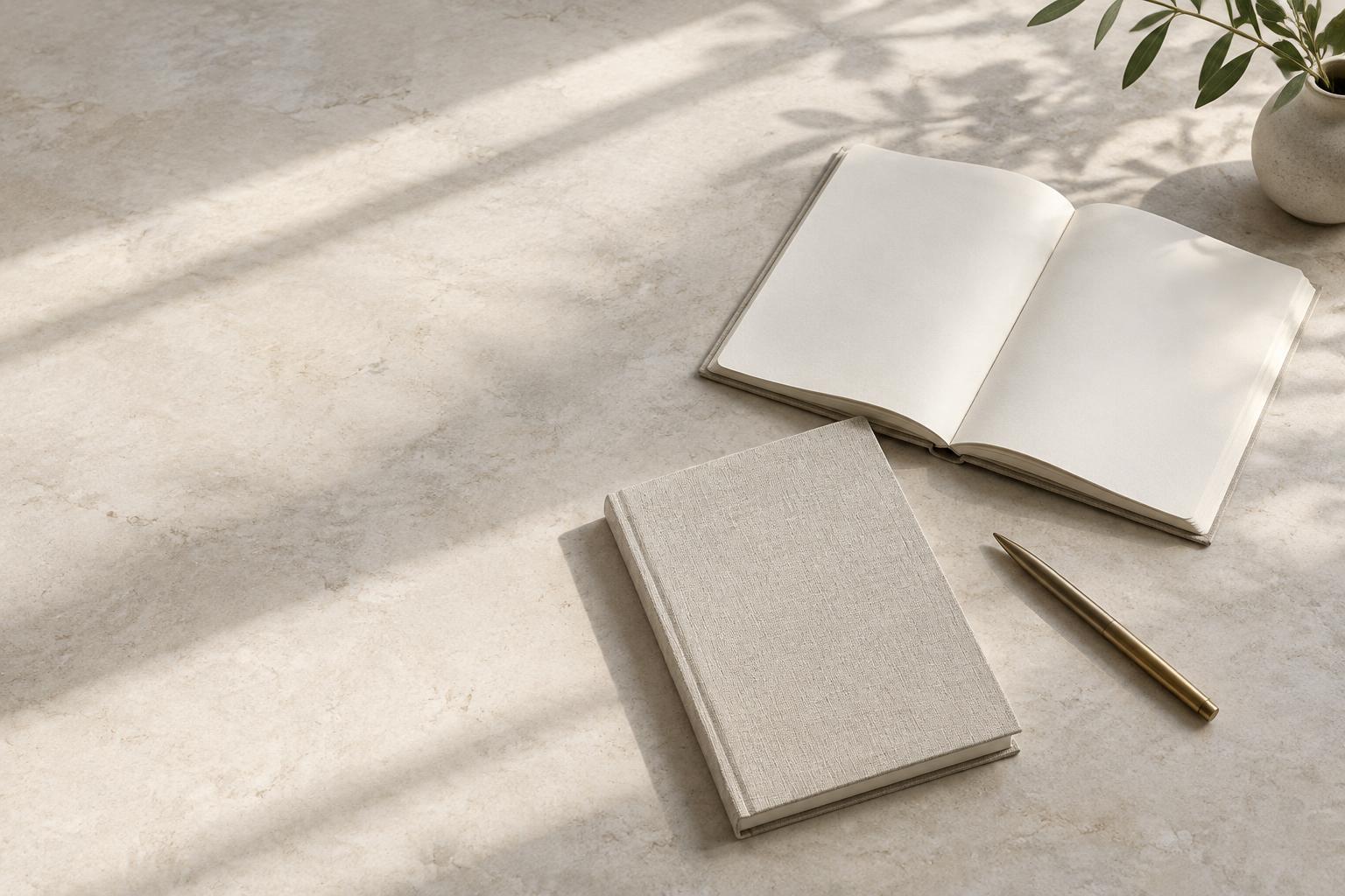 Blank journals and a brass pen on a stone table in window light