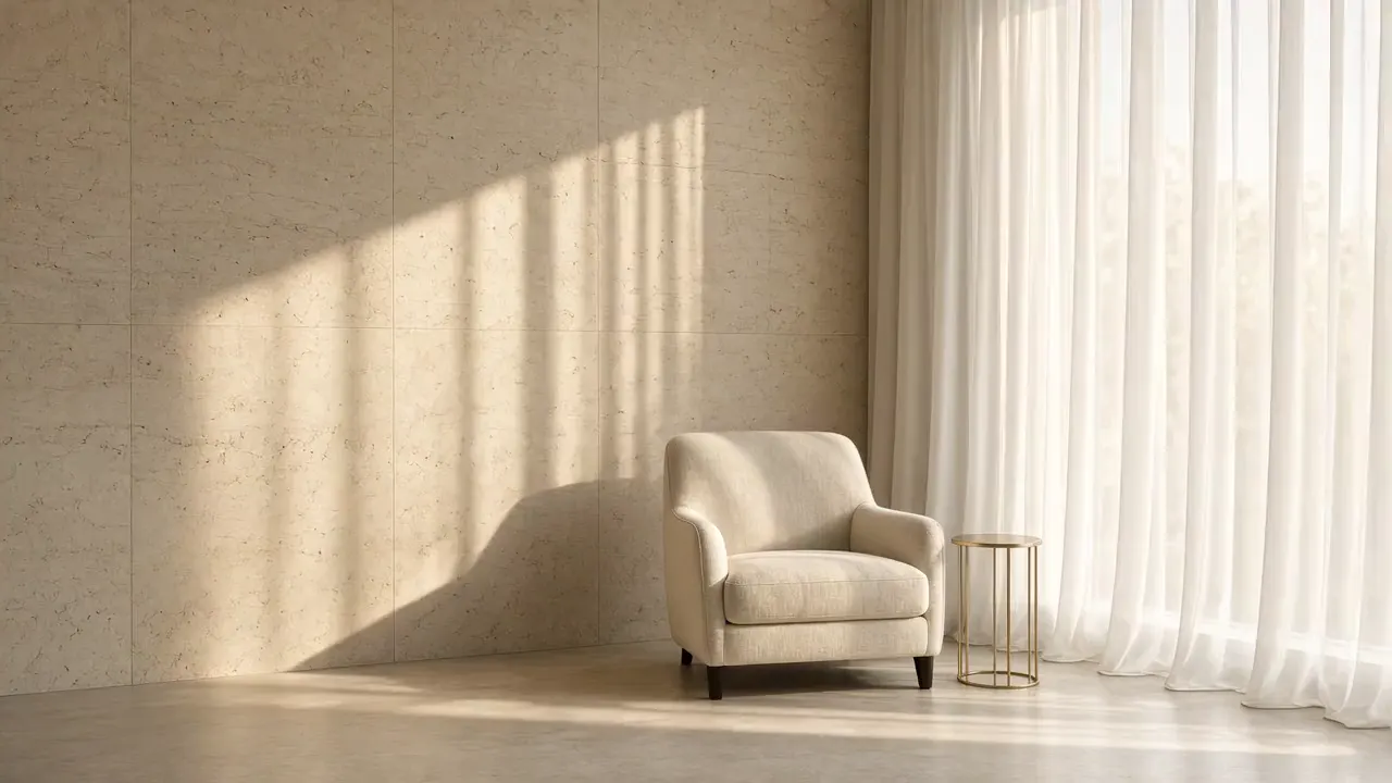 An armchair beside a stone wall and sheer curtains in natural light